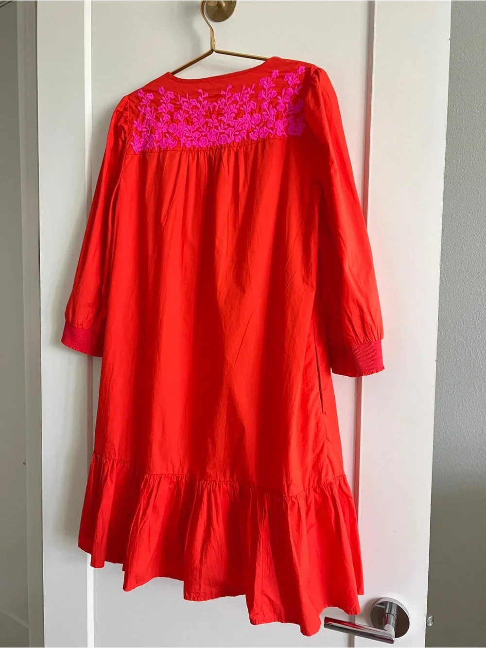 J.Crew Leda Embroidered Popover Dress XS Red Pink Floral Cotton Ruffle Pockets